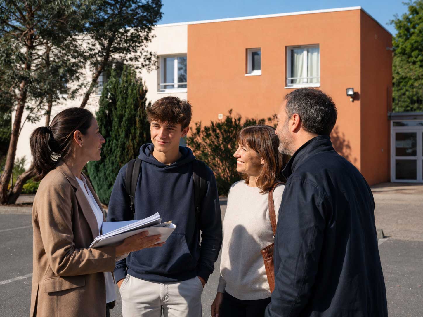 Échange entre une membre de la vie scolaire, un lycéen et ses parents devant le Lycée Saint Joseph L’Amandier