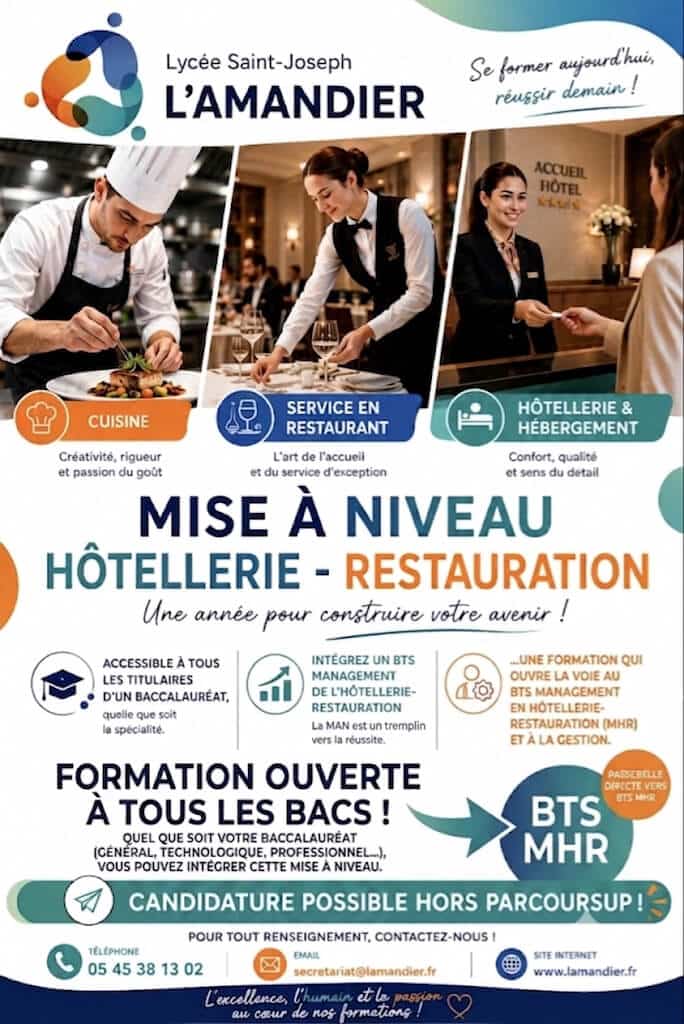 Affiche de la Mise à Niveau Hôtellerie-Restauration du Lycée Saint-Joseph L’Amandier, formation en un an ouverte aux titulaires d’un baccalauréat pour préparer l’entrée en BTS MHR.